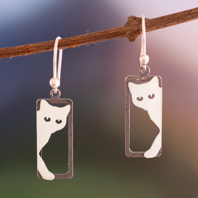 Cat-Themed Rectangular Modern Silver Dangle Earrings