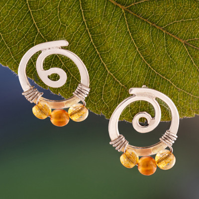 Polished Spiral-Shaped Sterling Silver Citrine Drop Earrings