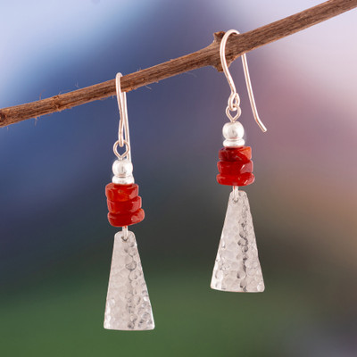 Modern Hammered Pyramid-Themed Agate Silver Dangle Earrings