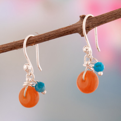 High-Polished Natural Carnelian and Apatite Dangle Earrings