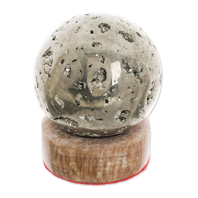 Pyrite Sphere Gemstone Sculpture with Calcite Stand