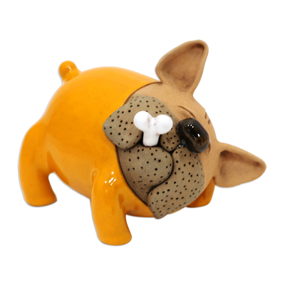 Orange Bulldog Ceramic Figurine Made and Painted by Hand