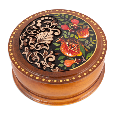 Leafy and Pomegranate-Themed Round Walnut Wood Jewelry Box