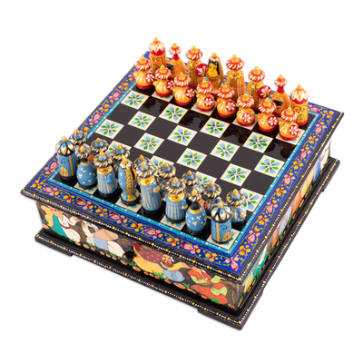Hand-Painted Floral Traditional Walnut Wood Chess Set