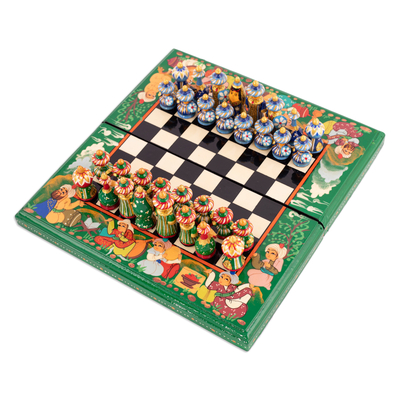 Handcrafted Painted Walnut Wood Chess Set in Green