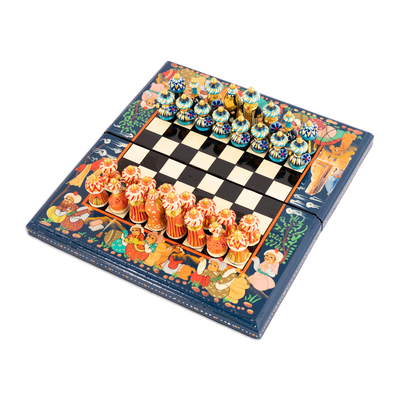 Handcrafted Painted Walnut Wood Chess Set in Blue
