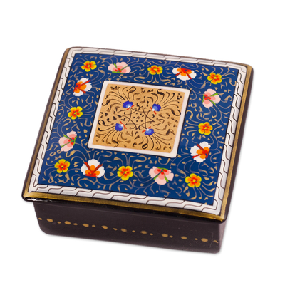 Hand-Painted Lacquered and Gilded Wood Jewelry Box in Blue