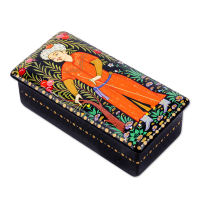 Lacquered Walnut Wood Jewelry Box with Man in Nature Motif