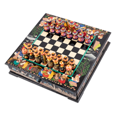 Handcrafted Painted Traditional Walnut Wood Chess Set
