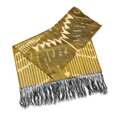 Handwoven Traditional Patterned Olive and Beige Silk Shawl