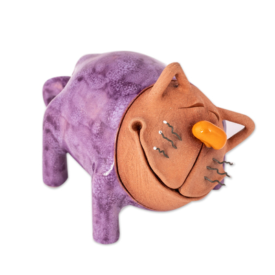 Handcrafted Purple and Brown Ceramic Cat Figurine