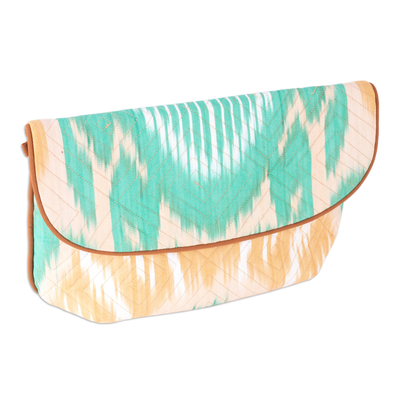 Ikat Cotton Sling Bag in Tan and Aqua with Removable Strap