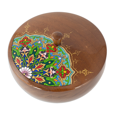 Painted Round Walnut Wood Jewelry Box with Floral Motifs
