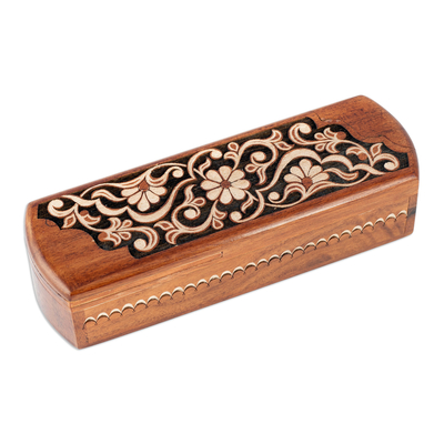 Walnut Wood Puzzle Box with Traditional Garden Carving