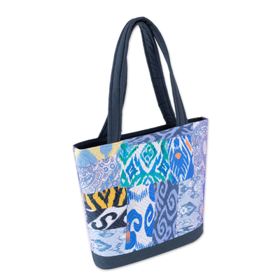 Blue-Toned Patchwork Ikat Tote Bag Crafted in Uzbekistan