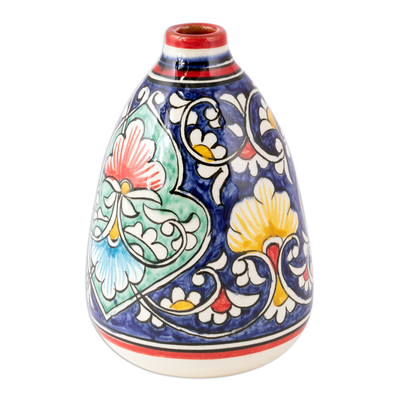 Glazed Ceramic Vase with Hand-Painted Floral & Leaf Motifs