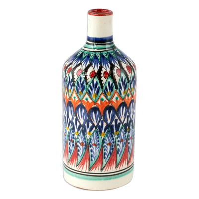 Uzbek Glazed Ceramic Vase with Hand-Painted Motifs