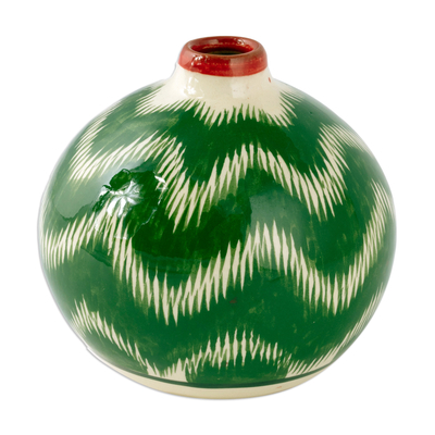 Green Hand-Painted Uzbek Ikat Patterned Glazed Ceramic Vase