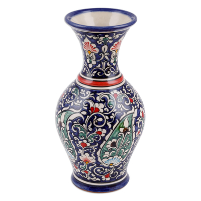 Paisley and Floral Royal Blue and Red Glazed Ceramic Vase