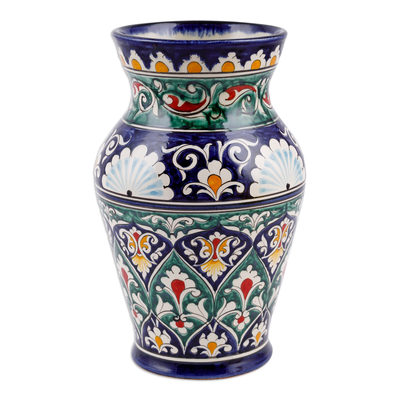 Uzbekistan Blue and Green Glazed Ceramic Bouquet Vase