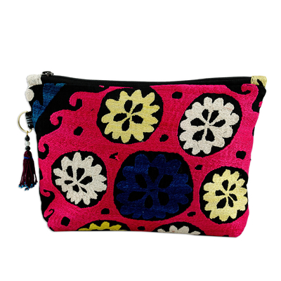 Hand-Embroidered Cotton Toiletry Case with Floral Theme