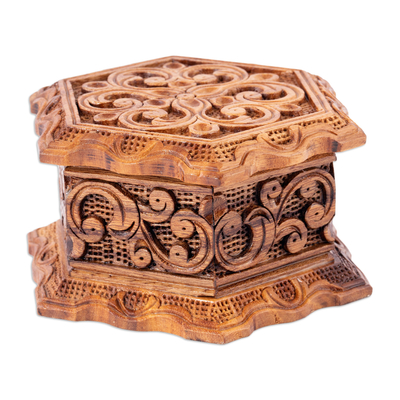 Hand-Carved Floral Hexagonal Elm Tree Wood Jewelry Box