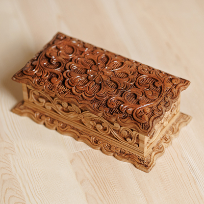 Hand-Carved Floral Natural Brown Elm Tree Wood Jewelry Box