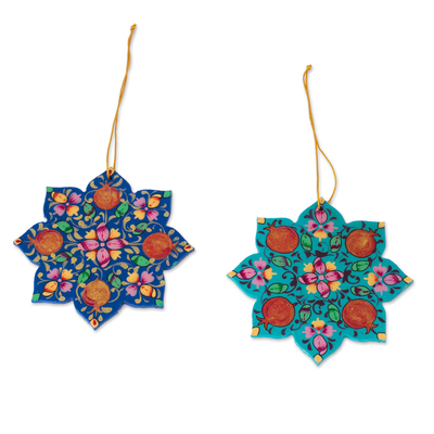 2 Lacquered Wood Star Ornaments Hand-Crafted in Uzbekistan