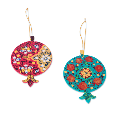 2 Lacquered Wood Pomegranate Ornaments Made in Uzbekistan