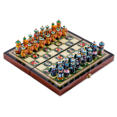 Handcrafted Classic Lacquered Wood Chess Set from Tajikistan