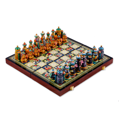 Traditional Painted Lacquered Wood Chess Set from Tajikistan
