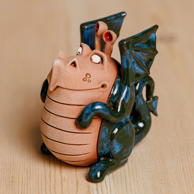 Handcrafted Green and Rosewood Ceramic Dragon Figurine