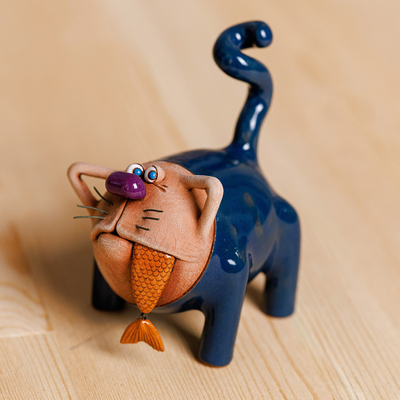Handcrafted Blue Ceramic Figurine of Cat and Fish
