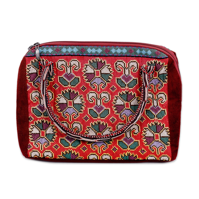 Floral Geometric Iroki Embroidered Red Cotton Handbag