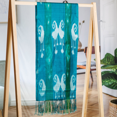 Handloomed Green and Blue Ikat Patterned Silk Scarf