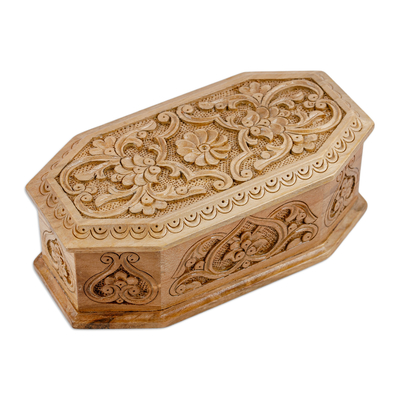Hand-Carved Geometric Floral Walnut Wood Jewelry Box