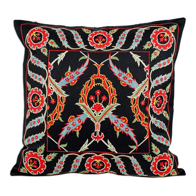 Classic Leafy Embroidered Black Silk Blend Cushion Cover