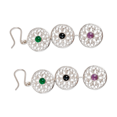 Heart-Themed Sterling Silver Multi-Gemstone Dangle Earrings