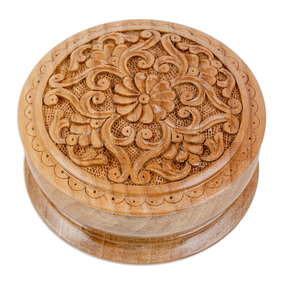 Traditional Handmade Floral Round Walnut Wood Jewelry Box