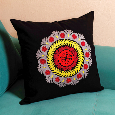 Black Hand-Embroidered Suzani Cotton Mandala Cushion Cover