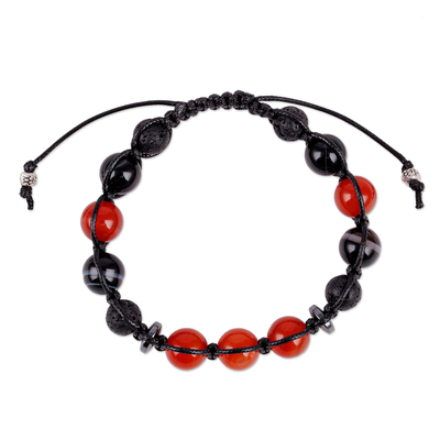 Adjustable Orange and Black Multi-Gemstone Beaded Bracelet