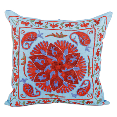 Blue and Red Floral Embroidered Cotton Cushion Cover