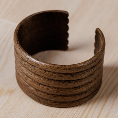 Handmade Striped Walnut Wood Cuff Bracelet from Kazakhstan