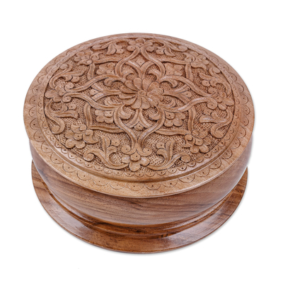Classic Floral Round Walnut Wood Jewelry Box from Uzbekistan