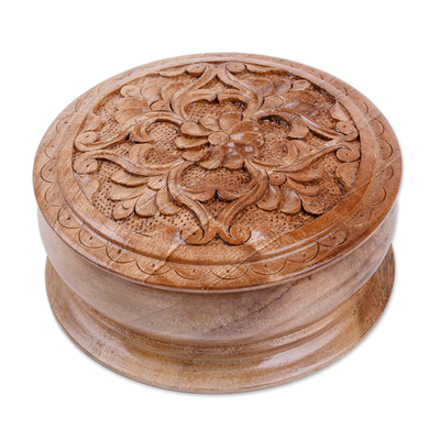 Traditional Hand-Carved Floral Round Walnut Wood Jewelry Box