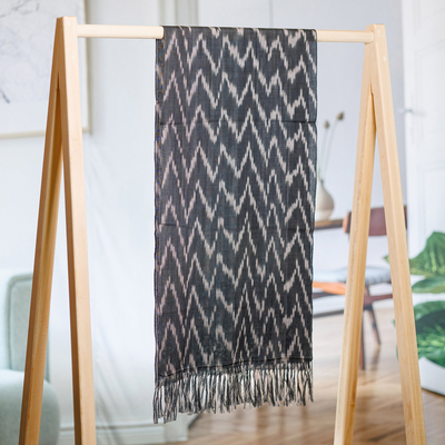 Handwoven Ikat Patterned Blue Cotton Scarf with Fringes