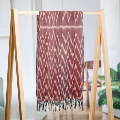 Handwoven Ikat Patterned Red Cotton Scarf with Fringes