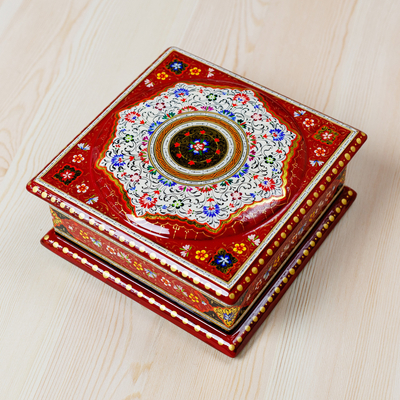 Floral Red and White Wood and Papier Mache Jewelry Box