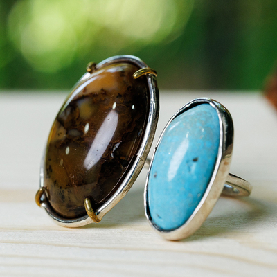 High Polished Agate and Natural Turquoise Wrap Ring