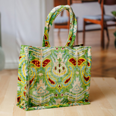 Pomegranate-Themed Green Silk Velvet Handle Bag